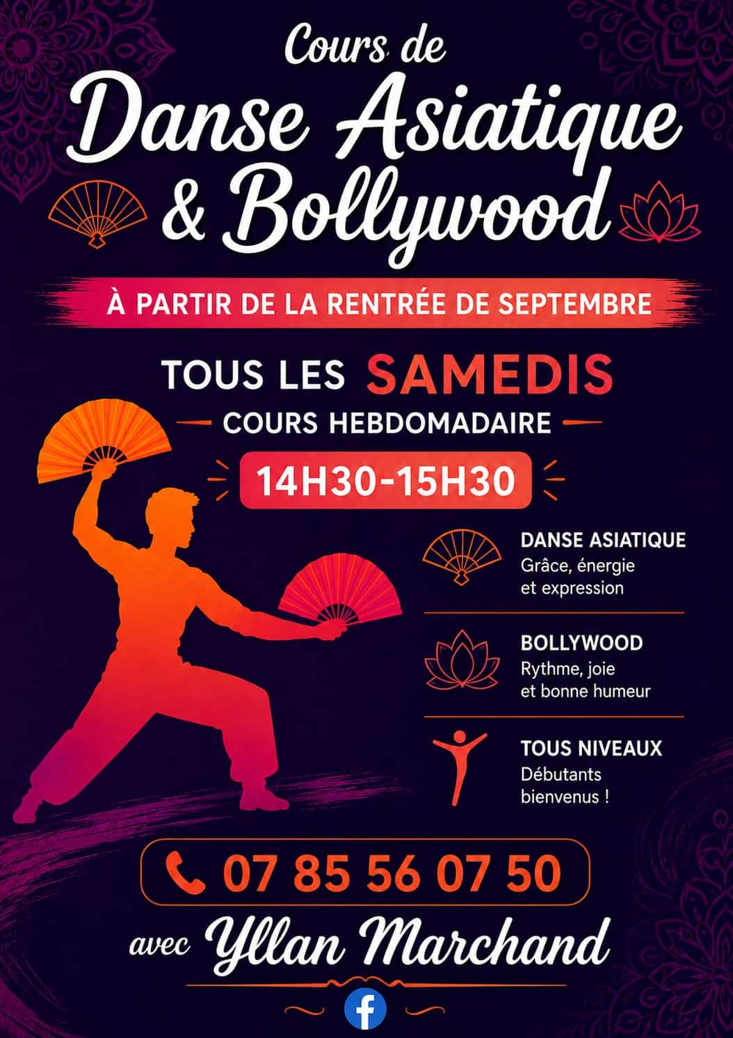 Affiche cours de danse asiatique et Bollywood par Yllan Marchand le samedi. Danseur aux éventails sur fond violet.