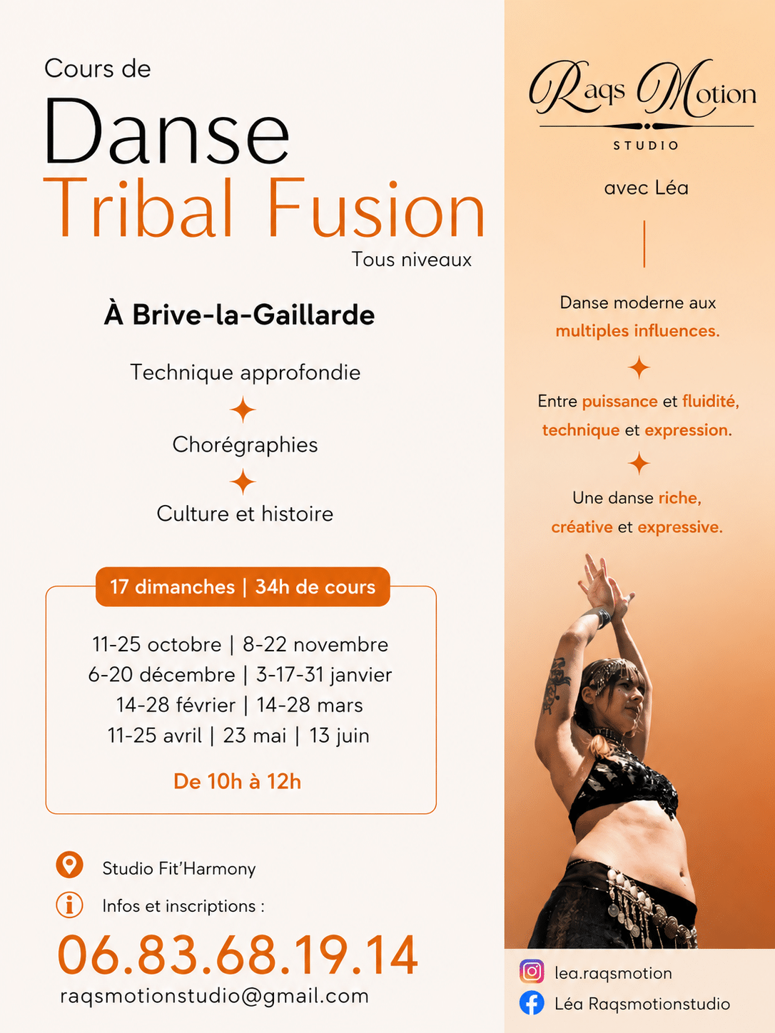 Affiche cours de danse Tribal Fusion à Brive-la-Gaillarde par Raqs Motion Studio avec Léa, 17 dimanches matin.