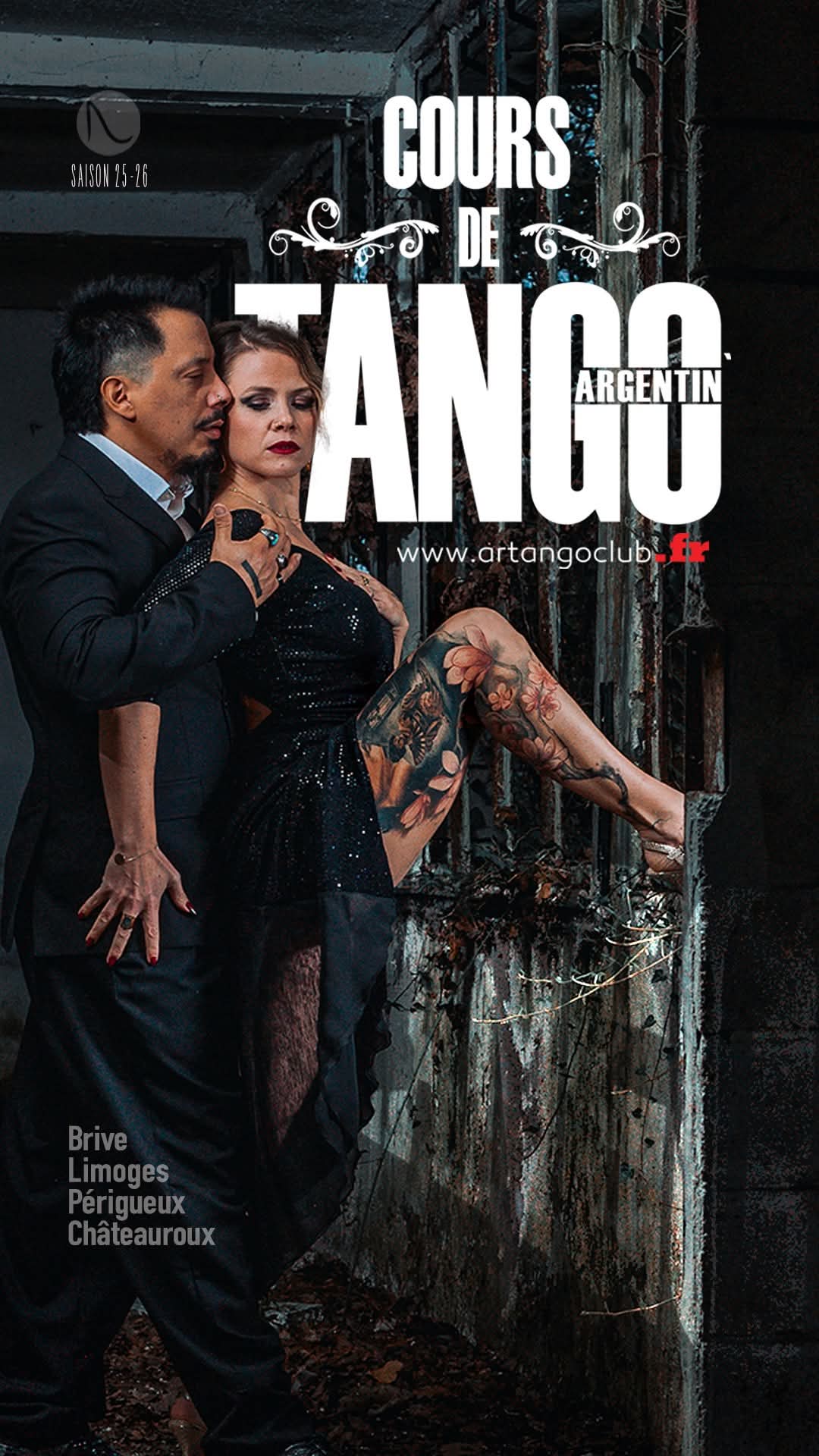 Cours de tango argentin par Artango Club à Brive et Limoges. Couple de danseurs en pose passionnée.