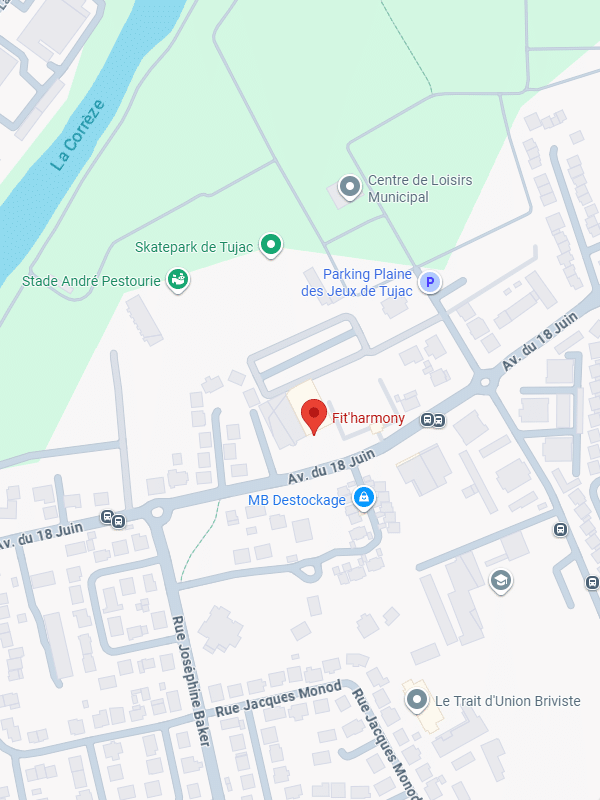 Fit'harmony Brive-la-Gaillarde : Plan et Itinéraire Plan d'accès Fit'harmony à Brive-la-Gaillarde, situé Avenue du 18 Juin à proximité de la rivière La Corrèze.