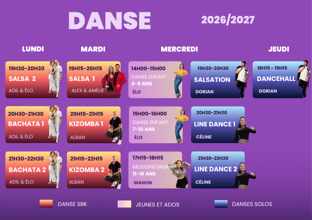 Planning danse 2026/2027 : cours Salsa, Bachata, Kizomba et Urban pour enfants et adultes du lundi au jeudi.